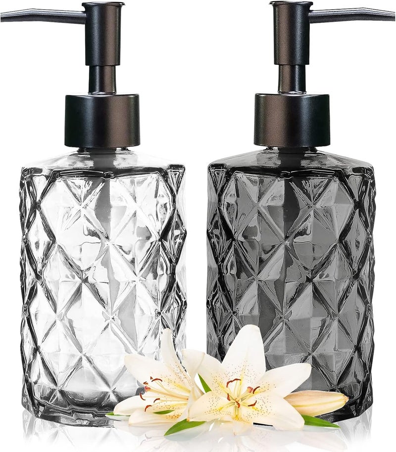 Ulable 11oz Glass Soap Dispenser with Plastic Pump, Clear & Black Diamond Design Refillable Hand Soap Dispenser for Hand Wash and Dish Wash for Dishwashing Liquid, Lotion Shower Gel - Image 1
